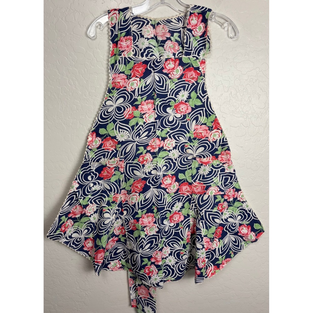 Vintage Floral Full Bib Apron Blue Red Pink Ric Rac Trim Pockets Ruffle Hem 2426
